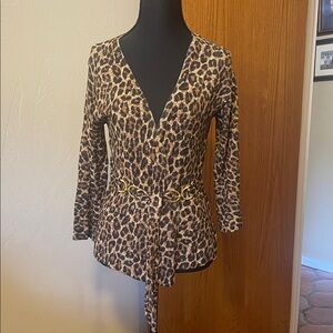 Cache Leopard Print V-Neck Wrap Top with Gold Chain Accent - Small